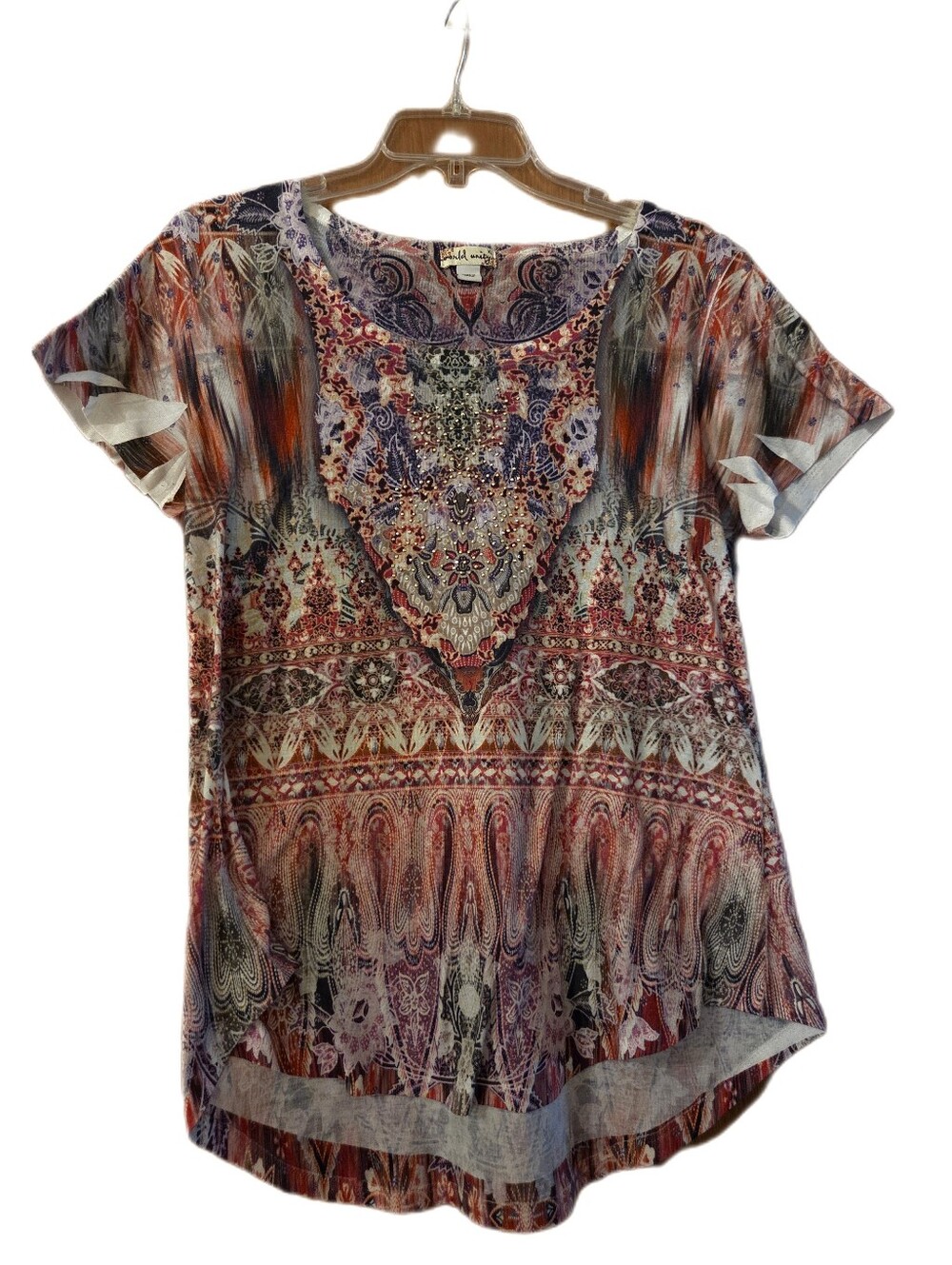 World Unity Boho Y2K 90's Embellished Retro Top Red Gray Size XL